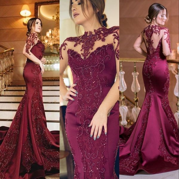 2023 burgundy prom dresses arabic mermaid dark red jewel neck illusion long sleeves lace appliques crystal beads party gowns evening dress s, Black
2023 burgundy prom dresses arabic mermaid dark red jewel neck illusion long sleeves lace appliques crystal beads party gowns evening dress s, Black