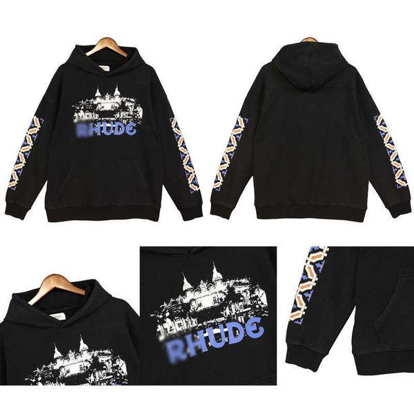 rhude fashion autumn castle print couple pullover washed old hooded sweater hoodie, Black
rhude fashion autumn castle print couple pullover washed old hooded sweater hoodie, Black