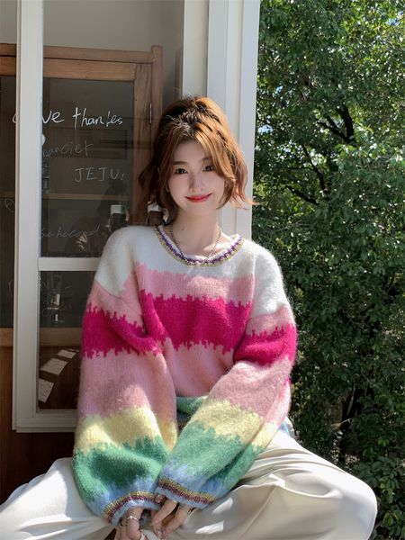 fashion women's sweater lantern sleeve rainbow contrast color round neck cute winter knit wear top, White;black
fashion women's sweater lantern sleeve rainbow contrast color round neck cute winter knit wear top, White;black