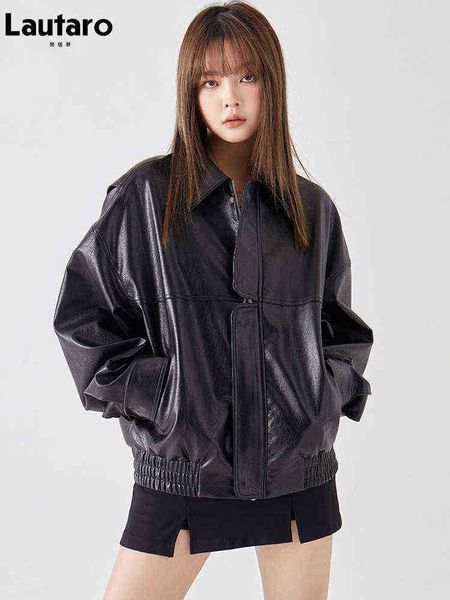 lautaro spring autumn oversized soft black pu leather jacket women with drop shoulder long sleeve zipper loose cool fashion 2022 j220727
lautaro spring autumn oversized soft black pu leather jacket women with drop shoulder long sleeve zipper loose cool fashion 2022 j220727