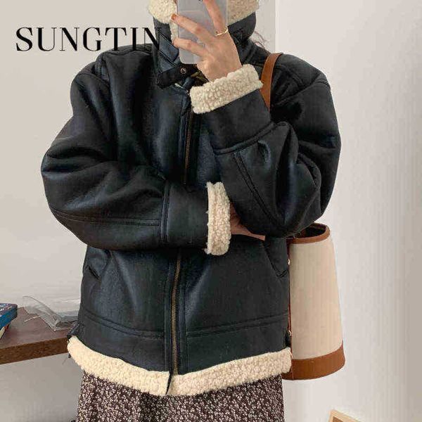 sungtin winter thicken warm faux leather jackets women with sash fashion motorcycle streetwear lamb wool fleece casual jacket j220727, Black
sungtin winter thicken warm faux leather jackets women with sash fashion motorcycle streetwear lamb wool fleece casual jacket j220727, Black