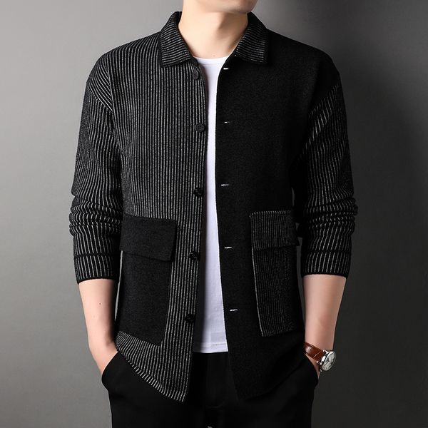 men's sweaters autumn and winter trend stitched sweater coat men's lapel korean personalized casual thickened knitted cardigan men, White;black
men's sweaters autumn and winter trend stitched sweater coat men's lapel korean personalized casual thickened knitted cardigan men, White;black