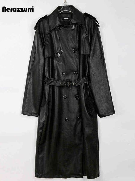 nerazzurri spring autumn long black loose soft faux leather trench coat for women double breasted runway european fashion 2022 j220727
nerazzurri spring autumn long black loose soft faux leather trench coat for women double breasted runway european fashion 2022 j220727