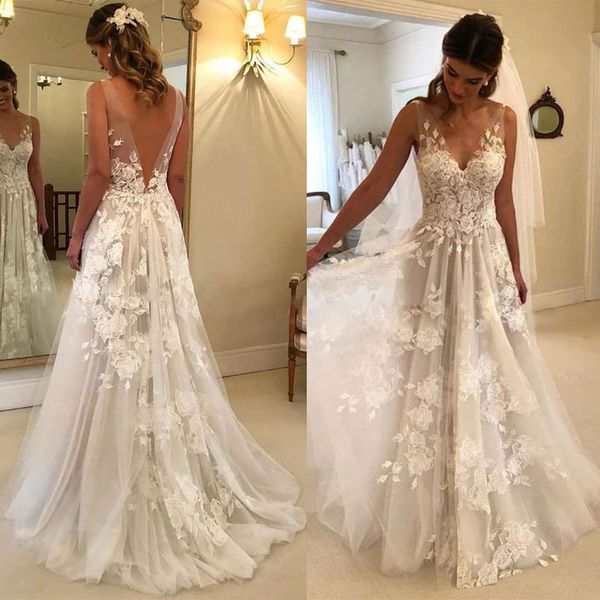 wedding dress v neck sleeveless a line tulle illusion vestidos de novia delicate flower applique backless, White
wedding dress v neck sleeveless a line tulle illusion vestidos de novia delicate flower applique backless, White