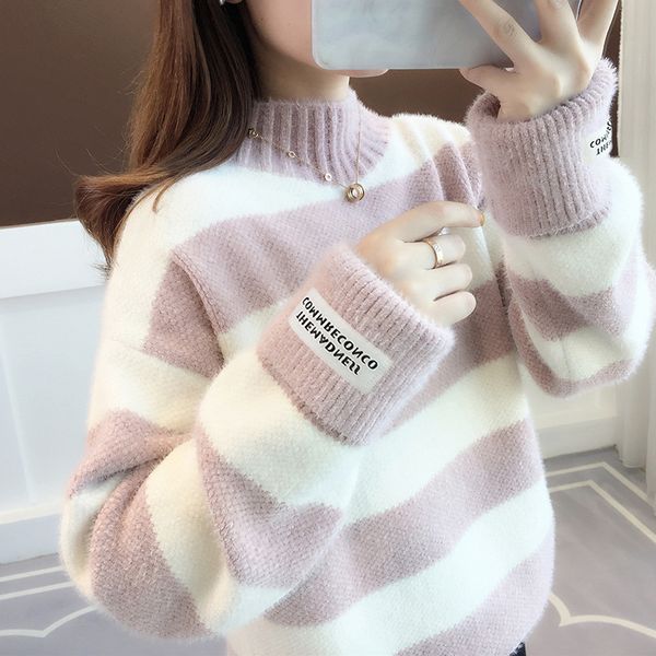 qnpqyx new y2k women sweater turtleneck pullover jumper stripe thick sweater imitated mink wool sweater, White;black
qnpqyx new y2k women sweater turtleneck pullover jumper stripe thick sweater imitated mink wool sweater, White;black
