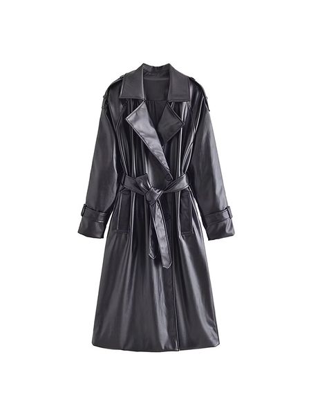 women's leather faux fall casual fashion chic belted trench coat vintage lapel long sleeve slim fit solid color jacket 221116, Black
women's leather faux fall casual fashion chic belted trench coat vintage lapel long sleeve slim fit solid color jacket 221116, Black
