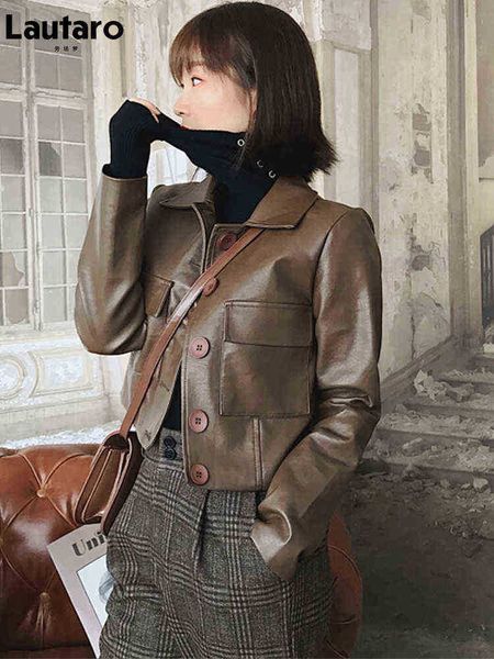 lautaro spring autumn short brown black light soft pu leather jacket women long sleeve pockets cool runway fashion 2022 j220727
lautaro spring autumn short brown black light soft pu leather jacket women long sleeve pockets cool runway fashion 2022 j220727