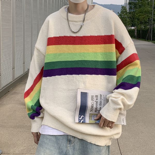 men's sweaters autumn light luxury fashion rainbow striped sweater men loose round neck color matching knitted sweaterboutiqueclothing, White;black
men's sweaters autumn light luxury fashion rainbow striped sweater men loose round neck color matching knitted sweaterboutiqueclothing, White;black