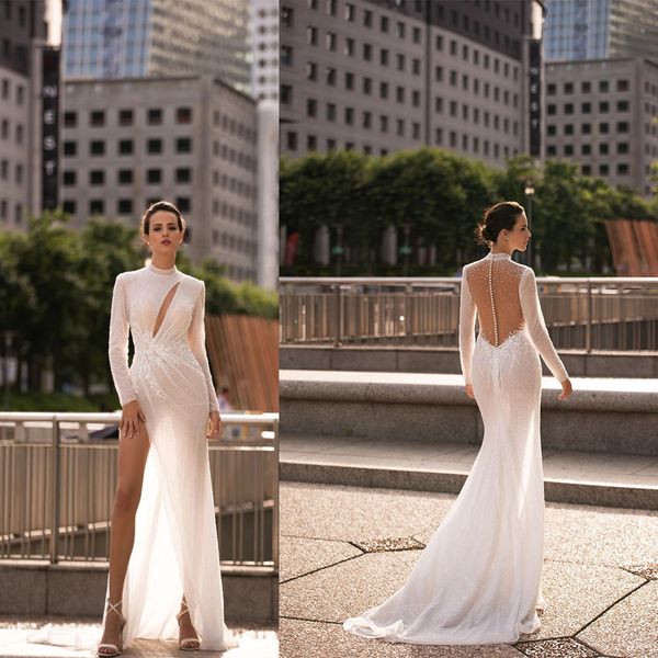 elegant mermaid wedding dresses high collar long sleeves transparent lace back zipper split side applicant court gown custom made plus size, White
elegant mermaid wedding dresses high collar long sleeves transparent lace back zipper split side applicant court gown custom made plus size, White