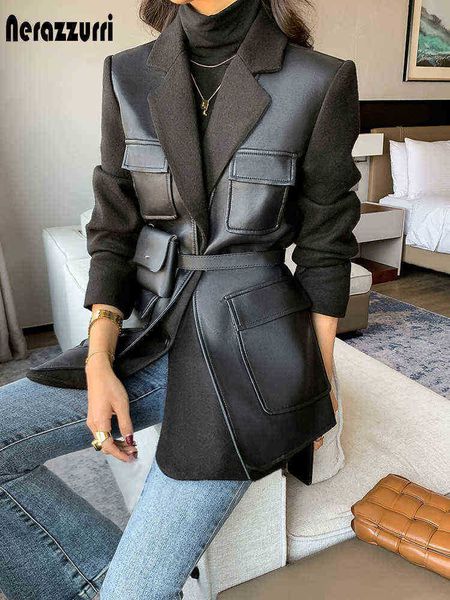 nerazzurri autumn winter black wool blends patchwork leather jacket women with many pockets designer fake 2 piece clothing 2022 j220727
nerazzurri autumn winter black wool blends patchwork leather jacket women with many pockets designer fake 2 piece clothing 2022 j220727