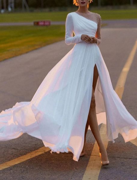 a-line wedding dress illusion neck chiffon long sleeve country beach with pearls split front bridal party gowns for women 2023 vestidos de n, White
a-line wedding dress illusion neck chiffon long sleeve country beach with pearls split front bridal party gowns for women 2023 vestidos de n, White