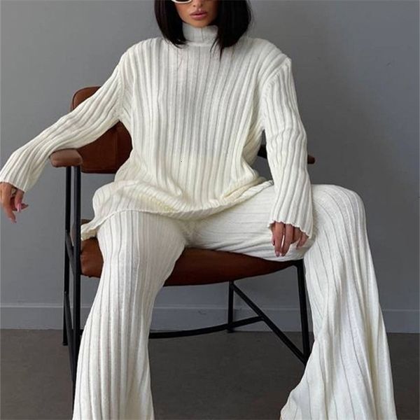 womens two piece pants turtleneck striped knitted set women solid loose pullover high waist flare female suit lady elegant outfits 221115, White 
womens two piece pants turtleneck striped knitted set women solid loose pullover high waist flare female suit lady elegant outfits 221115, White