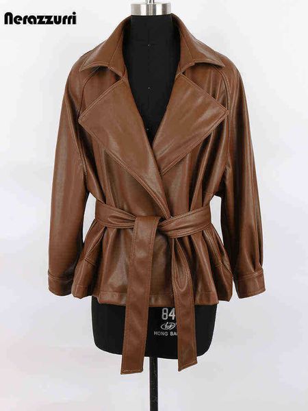 nerazzurri spring autumn short brown black soft light faux leather jackets for women belt lapels casual loose korean fashion 2022 j220727
nerazzurri spring autumn short brown black soft light faux leather jackets for women belt lapels casual loose korean fashion 2022 j220727