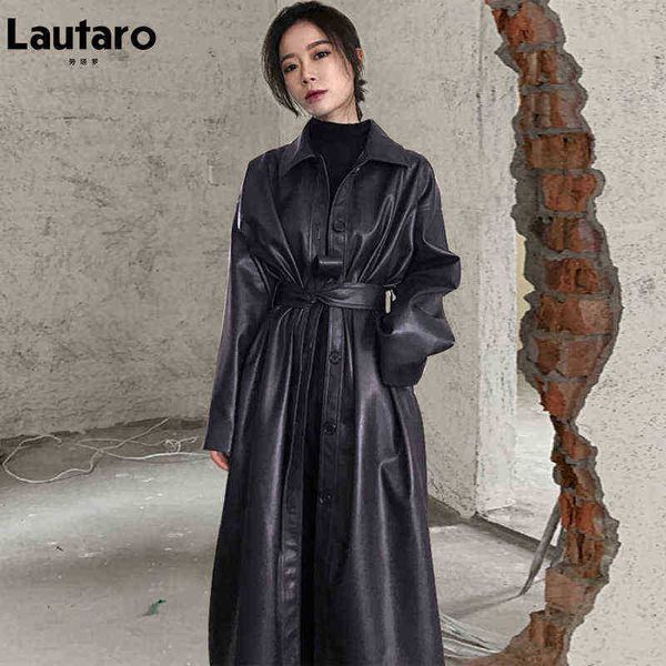 lautaro autumn long black cool pu leather trench coat for women belt single breasted loose korean fashion wholesale clothing 2022 j220727
lautaro autumn long black cool pu leather trench coat for women belt single breasted loose korean fashion wholesale clothing 2022 j220727