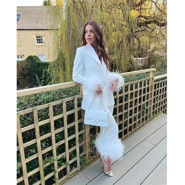 womens two piece pants ostrich hair decoration pure color blazer coat cropped straight trousers set 221115, White
womens two piece pants ostrich hair decoration pure color blazer coat cropped straight trousers set 221115, White