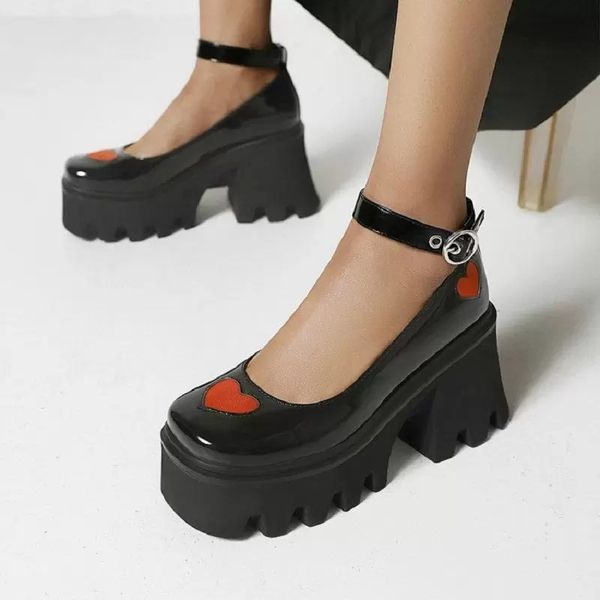 girls shoes high heels pumps punk goth patent pu leather square toe lolita heart platform chunky women mary janes, Black 
girls shoes high heels pumps punk goth patent pu leather square toe lolita heart platform chunky women mary janes, Black