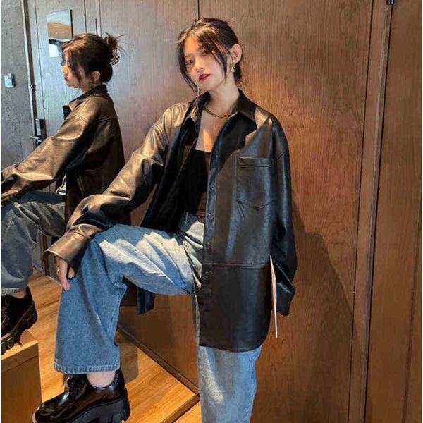 women leather jacket pockets lapel collar single breasted long sleeves loose biker style pu leather jacket female new j220727, Black
women leather jacket pockets lapel collar single breasted long sleeves loose biker style pu leather jacket female new j220727, Black