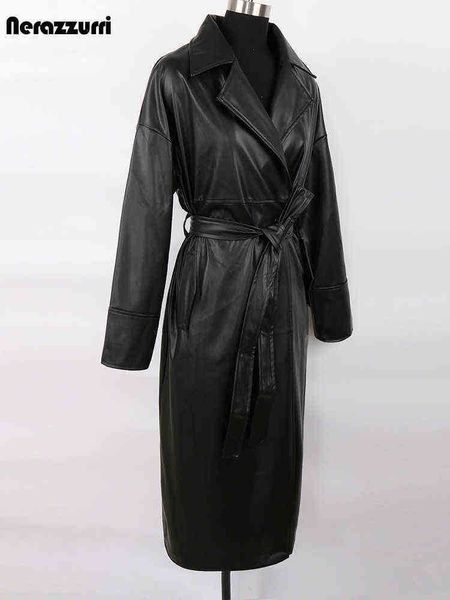 nerazzurri spring autumn long oversized black pu leather trench coat for women belt loose luxury designer clothing j220727
nerazzurri spring autumn long oversized black pu leather trench coat for women belt loose luxury designer clothing j220727