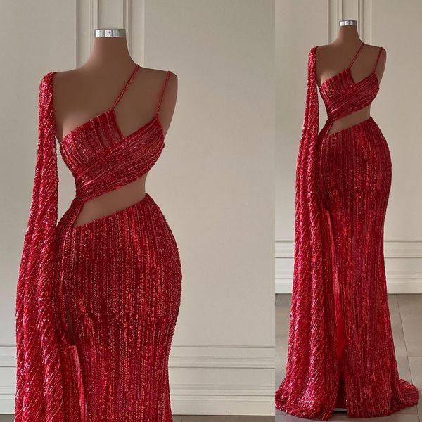 shiny sequins african dubai evening dresses one shoulder lace mermaid prom dress high split formal party gowns, Black;red
shiny sequins african dubai evening dresses one shoulder lace mermaid prom dress high split formal party gowns, Black;red