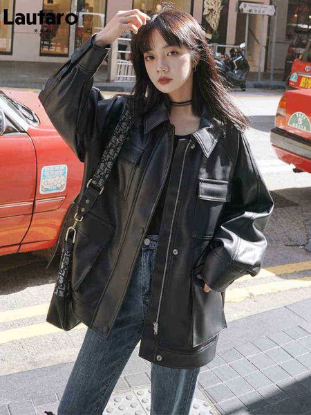 lautaro spring oversized cargo leather jacket women long sleeve many pockets zipper black soft faux leather jackets for women j220727
lautaro spring oversized cargo leather jacket women long sleeve many pockets zipper black soft faux leather jackets for women j220727