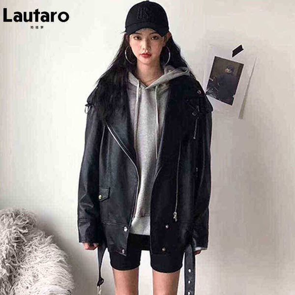 lautaro autumn black oversized boyfriend faux leather biker jackets for women long sleeves belt zipper casual korean fashion 2021 j220727
lautaro autumn black oversized boyfriend faux leather biker jackets for women long sleeves belt zipper casual korean fashion 2021 j220727