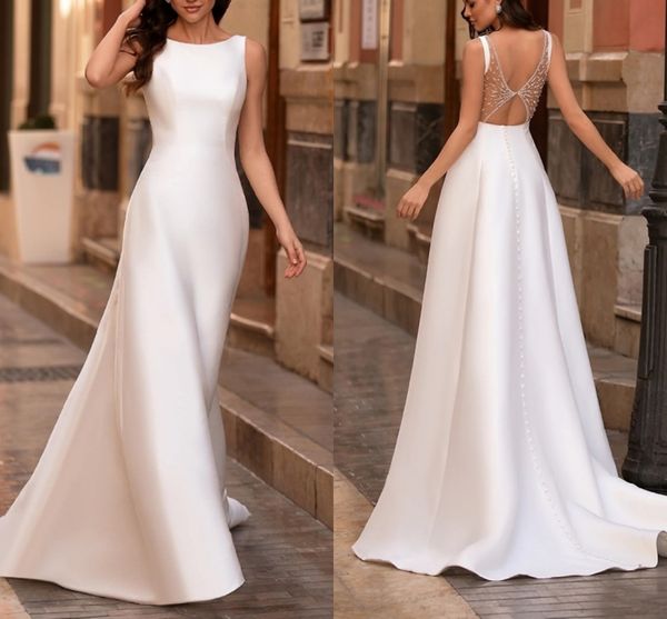 a-line satin women wedding dress jewel backless sweep / brush train satin sleeveless country bridal gowns 2023, White
a-line satin women wedding dress jewel backless sweep / brush train satin sleeveless country bridal gowns 2023, White