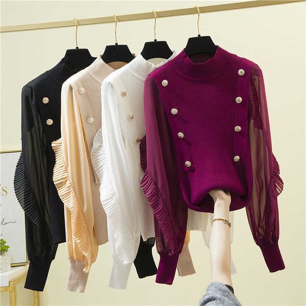 women's sweaters 2021 new women sweater turtleneck pullover patched chiffon ruffles full sleeve sweaters jumpers female buttons knitwea, White;black
women's sweaters 2021 new women sweater turtleneck pullover patched chiffon ruffles full sleeve sweaters jumpers female buttons knitwea, White;black