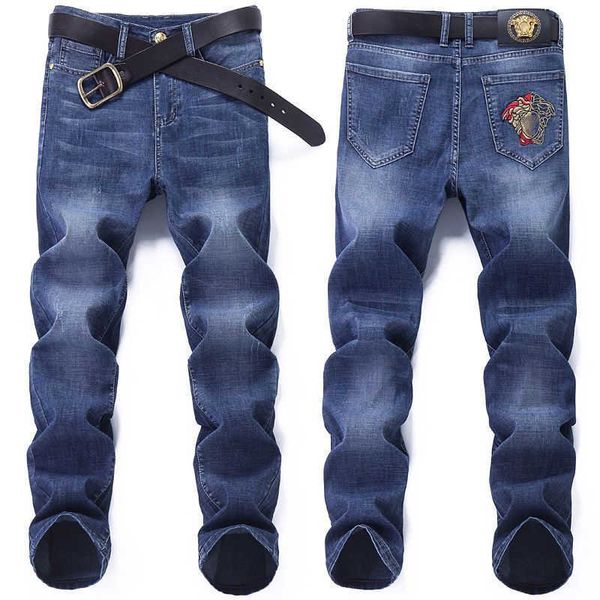designer jean pants mens medusa embroidered denim trousers slim stretch straight-leg britches fashion, Blue
designer jean pants mens medusa embroidered denim trousers slim stretch straight-leg britches fashion, Blue