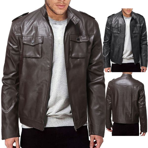 men's fur faux leather jacket spring and autumn stand collar trend double pocket 221116, Black
men's fur faux leather jacket spring and autumn stand collar trend double pocket 221116, Black