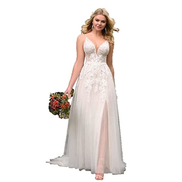 lace tulle a line wedding dress see through boho beach spaghetti straps bridal gowns backless high split appliques bohemian vestido de novia, White
lace tulle a line wedding dress see through boho beach spaghetti straps bridal gowns backless high split appliques bohemian vestido de novia, White