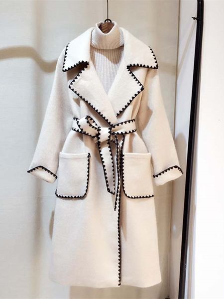 women's wool blends autumn winter fashion wavy side embroidery long jacket coat women notched full sleeve thick pocket sashes woolen ou, Black
women's wool blends autumn winter fashion wavy side embroidery long jacket coat women notched full sleeve thick pocket sashes woolen ou, Black