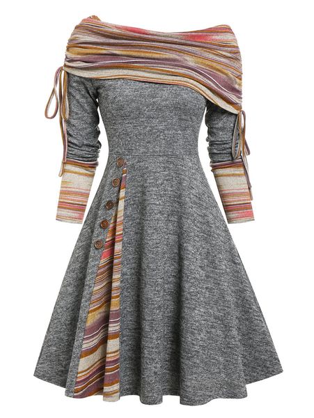 casual dresses convertible cinched striped flare dress foldover off the shoulder knitted women long sleeve jurken 221117, Black;gray
casual dresses convertible cinched striped flare dress foldover off the shoulder knitted women long sleeve jurken 221117, Black;gray