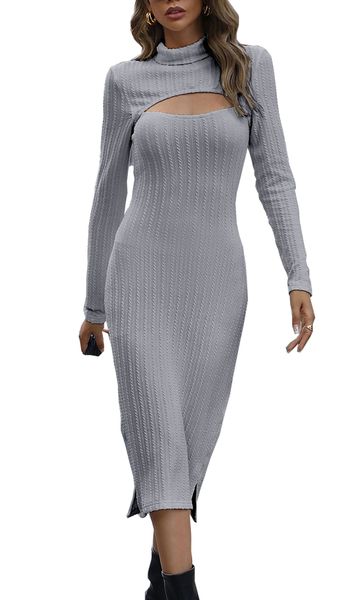 women body-hugging dress long sleeve bodycon cut out turtle neck slit knitted elegant party midi dress, White;black
women body-hugging dress long sleeve bodycon cut out turtle neck slit knitted elegant party midi dress, White;black