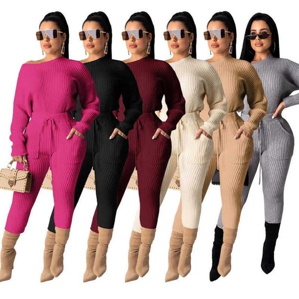 

tracksuits streetwear knitted sweatsuit women's set off shoulder long sleeve sweater pencil pants active ribbed tracksuit two piece set, Gray