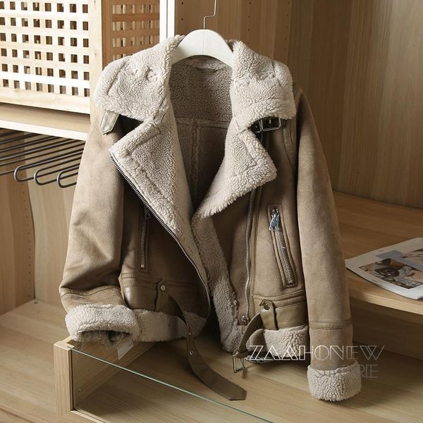 women's leather faux zaaho winter women thick warm vintage suede lambswool biker jackets coat sashes casual loose outwear female 221117, Black
women's leather faux zaaho winter women thick warm vintage suede lambswool biker jackets coat sashes casual loose outwear female 221117, Black