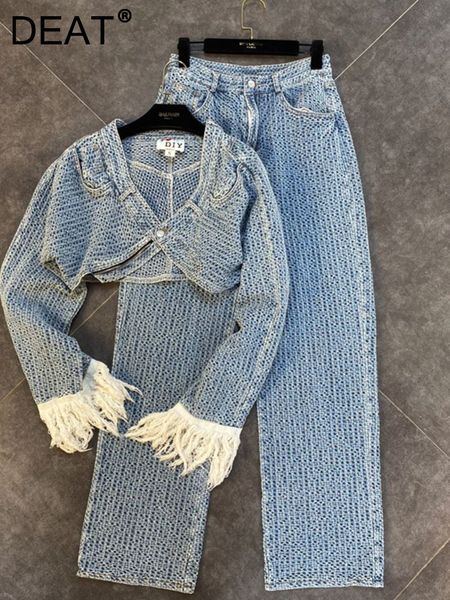 women s two piece pants deat autumn arrivals long tassel sleeve single button denim short jackethigh waist full jeans set women mk359 221118, White
women s two piece pants deat autumn arrivals long tassel sleeve single button denim short jackethigh waist full jeans set women mk359 221118, White