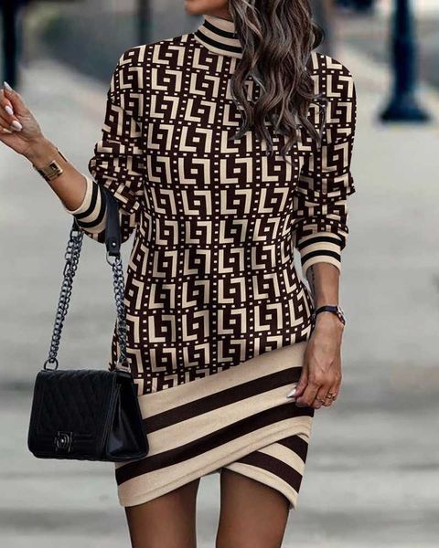 

Plus Size 3xl Designer Women Dress Long Sleeve High Collar Printed Irregular Dresses For 2023 Autumn And Winter Clothing, Color