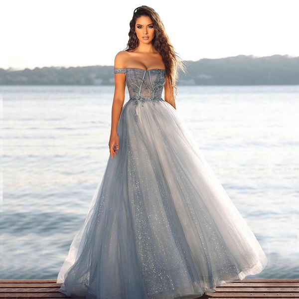 charming beaded prom dresses appliqued sequined evening gowns a line off the shoulder neck floor length tulle special occasion formal wear, Black
charming beaded prom dresses appliqued sequined evening gowns a line off the shoulder neck floor length tulle special occasion formal wear, Black