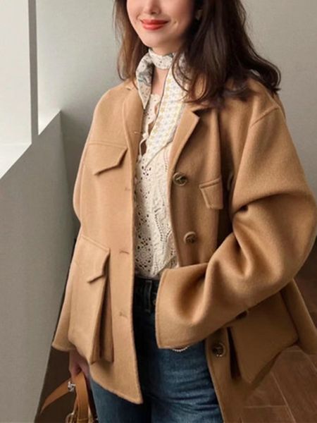 women's wool blends doublesided notched coat women single breasted large pockets autumn winter long sleeve ladies jacket outerwear 2211, Black
women's wool blends doublesided notched coat women single breasted large pockets autumn winter long sleeve ladies jacket outerwear 2211, Black