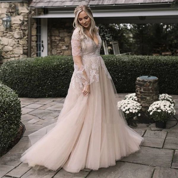 verngo vintage dusty color wedding dress long sleeves lace applique tulle bridal gowns beach boho wedding gown plus size, White
verngo vintage dusty color wedding dress long sleeves lace applique tulle bridal gowns beach boho wedding gown plus size, White