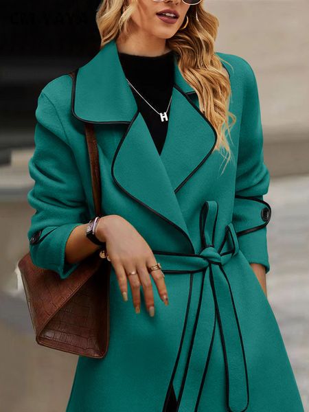 women's wool blends cmyaya elegant women stiped splicing side sashes wrap notched neck long sleeve open stitch wool blend trench thick, Black
women's wool blends cmyaya elegant women stiped splicing side sashes wrap notched neck long sleeve open stitch wool blend trench thick, Black
