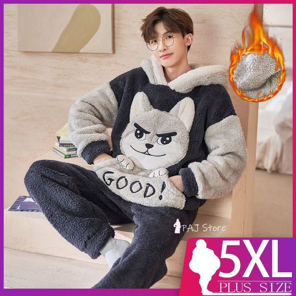 men's sleepwear winter flannel pajamas man large size 5xl thick warm cartoon nightwear with hood men lounge set 221117, Black;brown 
men's sleepwear winter flannel pajamas man large size 5xl thick warm cartoon nightwear with hood men lounge set 221117, Black;brown