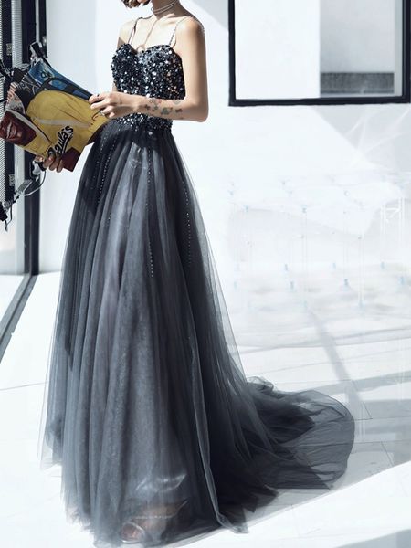 stunning gray evening dress long prom gowns spaghetti tulle with beading sequins party wearing, Black;red
stunning gray evening dress long prom gowns spaghetti tulle with beading sequins party wearing, Black;red
