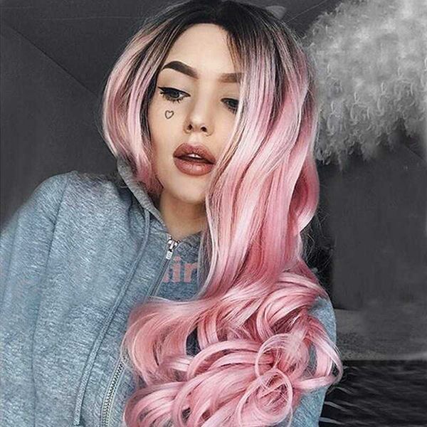 women's wigs selling style fashionable middle part gradient pink long curly hair big wave chemical fiber head cover, Black
women's wigs selling style fashionable middle part gradient pink long curly hair big wave chemical fiber head cover, Black