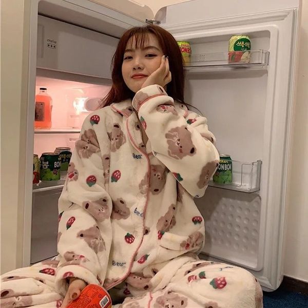 women's sleepwear qweek strawberry bear pattern pyjamas kawaii pajama winter coral fleece home clothes 2 piece set pijamas lounge wear, Black;red
women's sleepwear qweek strawberry bear pattern pyjamas kawaii pajama winter coral fleece home clothes 2 piece set pijamas lounge wear, Black;red