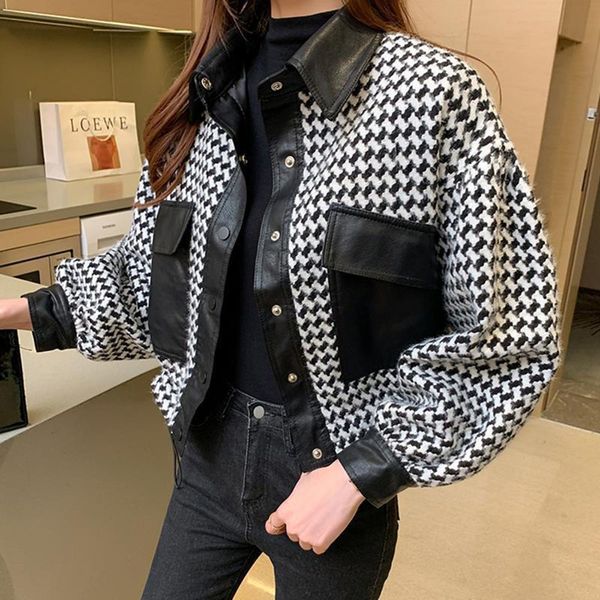 women s jackets spring women french retro houndstooth tweed pu leather stitching jacket short small fragrance fall korean outerwear 221118, Black;brown
women s jackets spring women french retro houndstooth tweed pu leather stitching jacket short small fragrance fall korean outerwear 221118, Black;brown