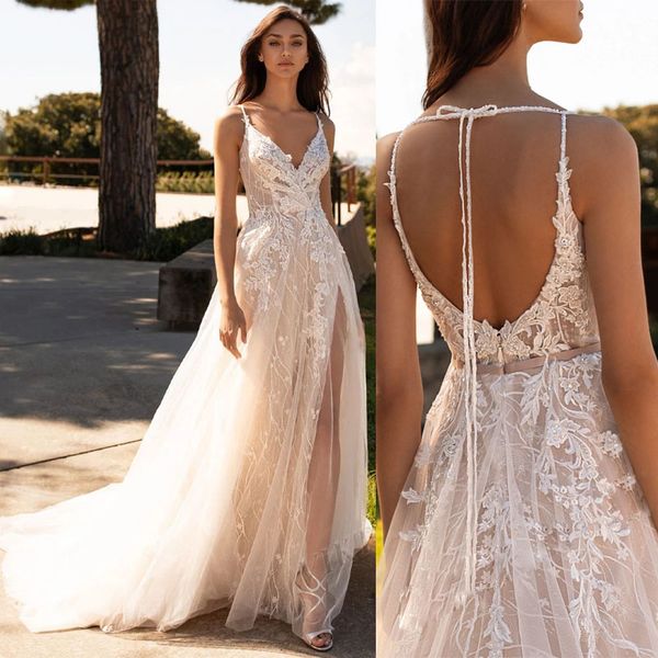 boho a line wedding dress v neck bridal gowns slit custom made backless spaghetti straps, White
boho a line wedding dress v neck bridal gowns slit custom made backless spaghetti straps, White