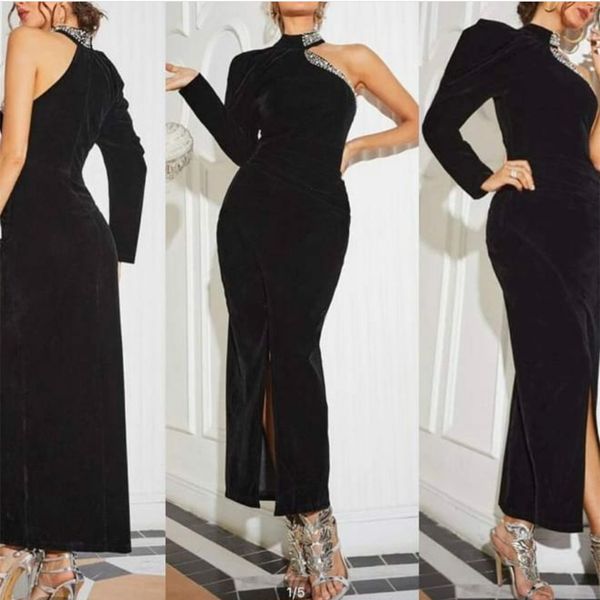 simple one shoulder black velvet prom dresses ankle length slit front sheath formal evening gowns crystals sequin beaded high neck women spe
simple one shoulder black velvet prom dresses ankle length slit front sheath formal evening gowns crystals sequin beaded high neck women spe