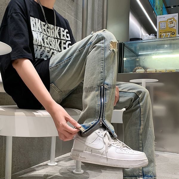 men s jeans side slit zipper pierced straight tube micro flared pants autumn american high street vibe fashion hem 221118, Blue
men s jeans side slit zipper pierced straight tube micro flared pants autumn american high street vibe fashion hem 221118, Blue