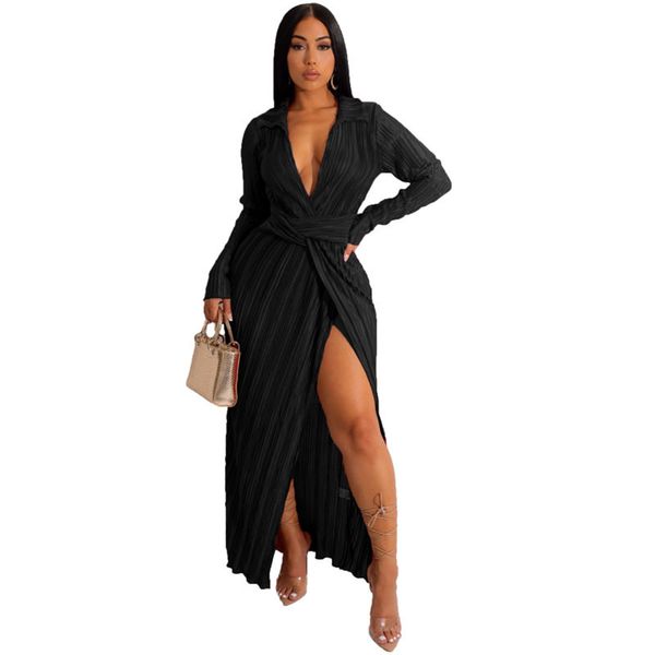 women casual dresses split deep v neck long sleeve turn down collar pleated slit party evening maxi dress, Black;gray
women casual dresses split deep v neck long sleeve turn down collar pleated slit party evening maxi dress, Black;gray